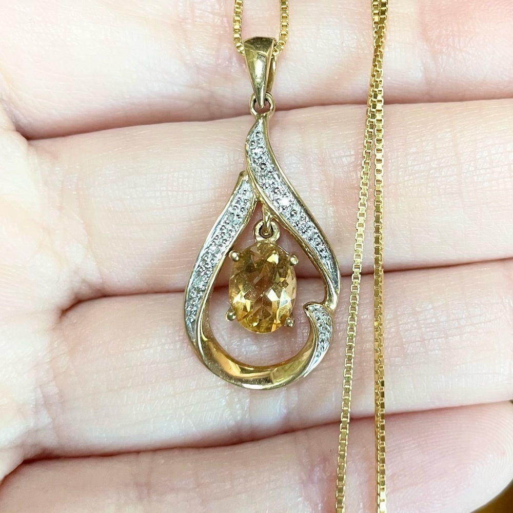 10k citrine diamond filigree yellow orange 8x6mm oval solid yellow gold pendant - Picture 2 of 9
